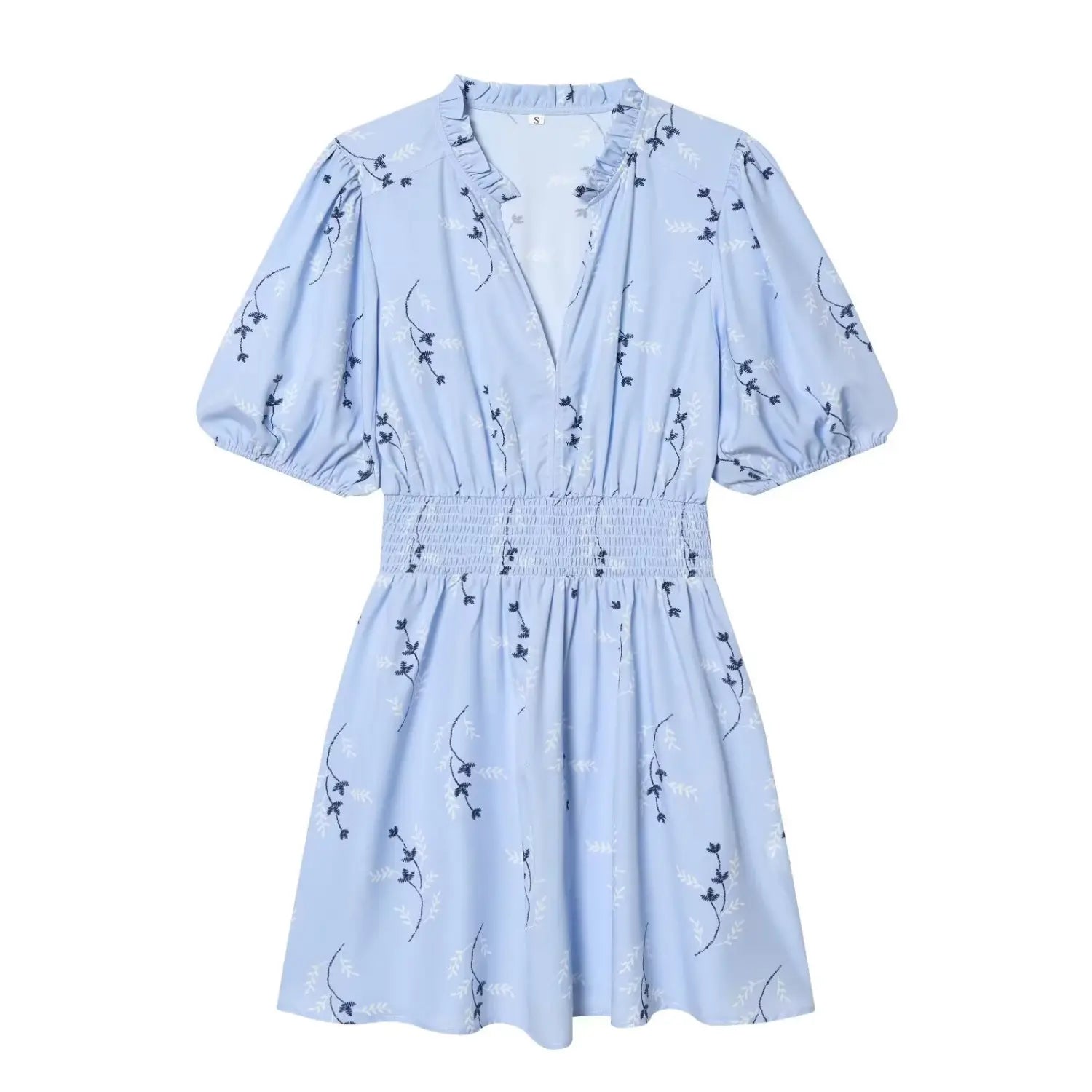Flat‑lay front view of light blue floral print mini dress with ruffle v‑neck, puff short sleeves and smocked waist
