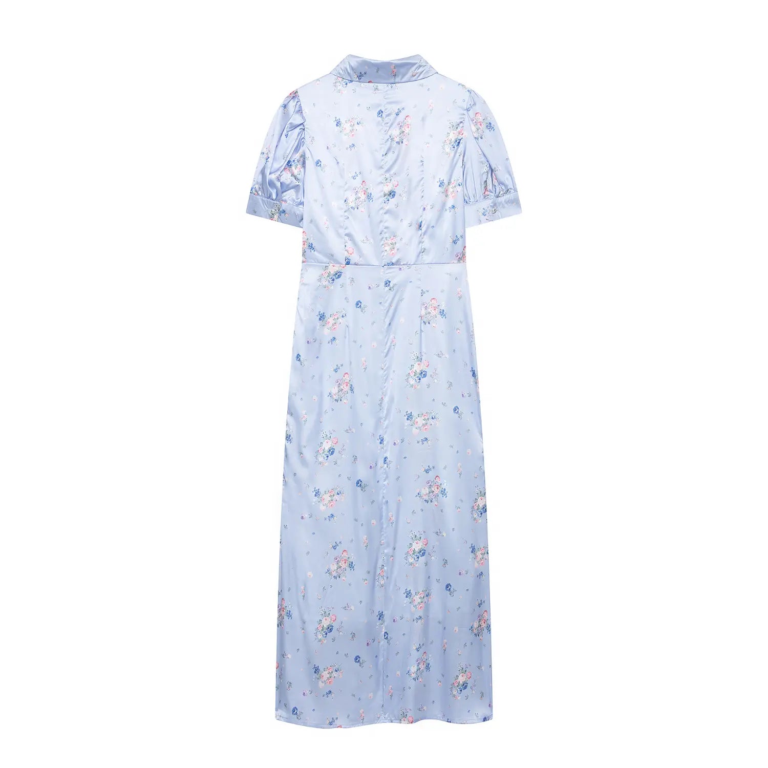 Light blue floral satin maxi dress back view, fitted waist, puff short sleeves, allover ditsy floral print, long flowy maxi skirt