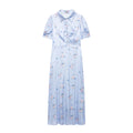 Light blue floral satin maxi dress front view, lapel collar, puff short sleeves, front ruched pearl buttons, vintage ditsy flower print
