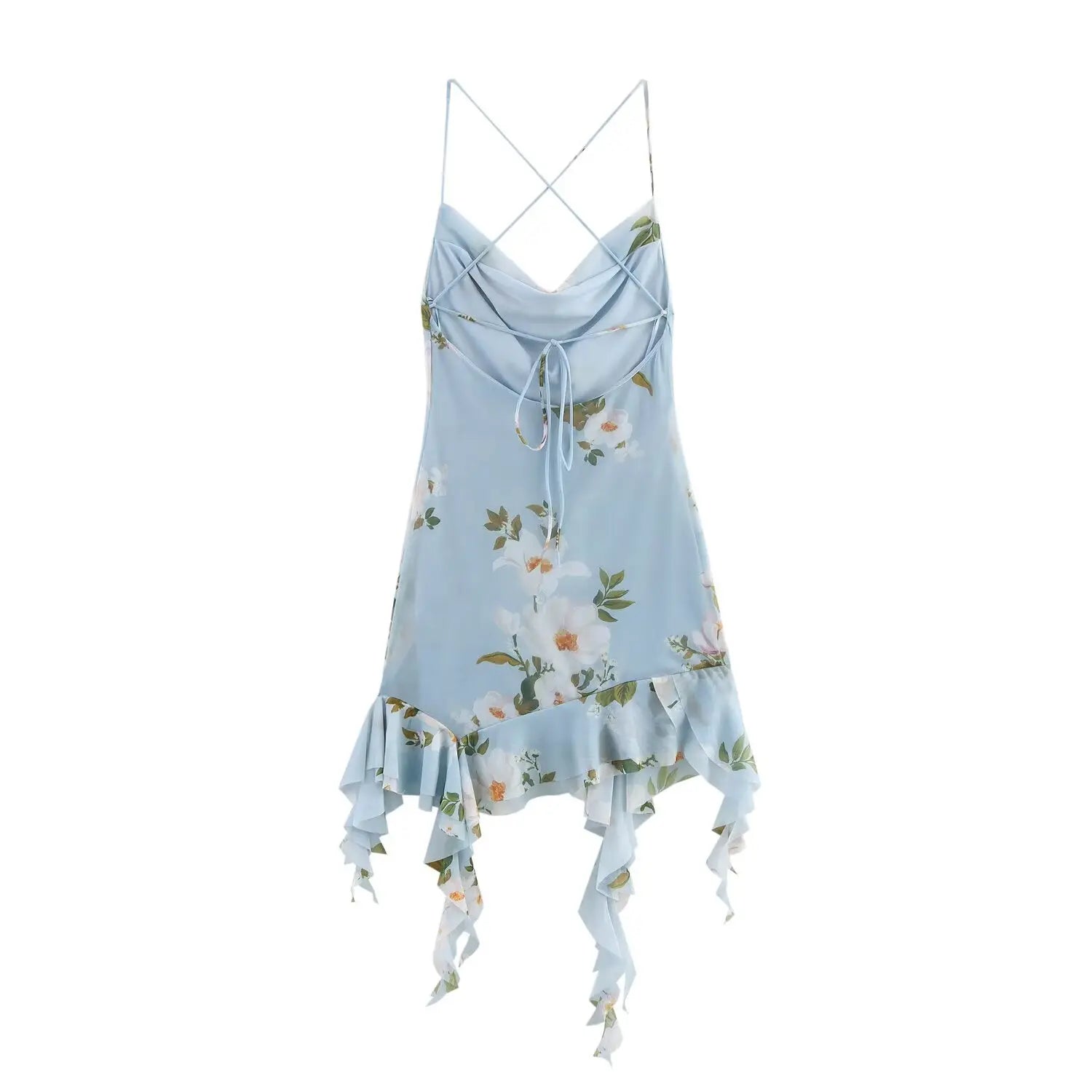 Flat‑lay back view of light blue floral cowl neck mini dress, criss‑cross tie‑up back closure, asymmetrical ruffle hem, white flower print