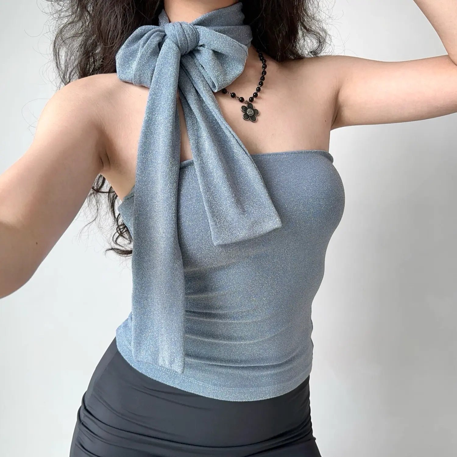 Styling photo shimmer blue strapless crop top, large bow tied choker slim ruched bodycon women night out tank