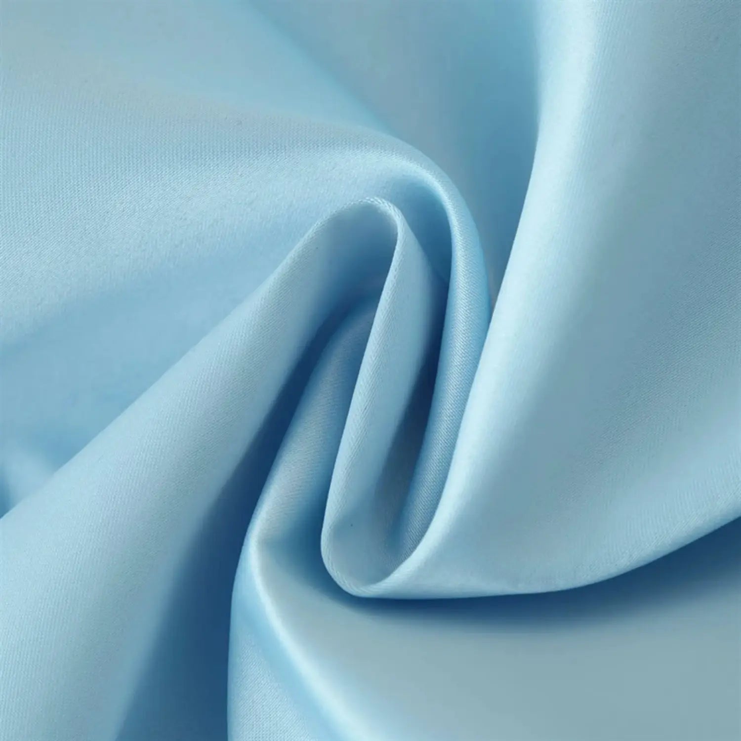 Pure light blue satin fabric drape close-up, soft glossy luster, smooth wrinkle texture, lightweight woven material