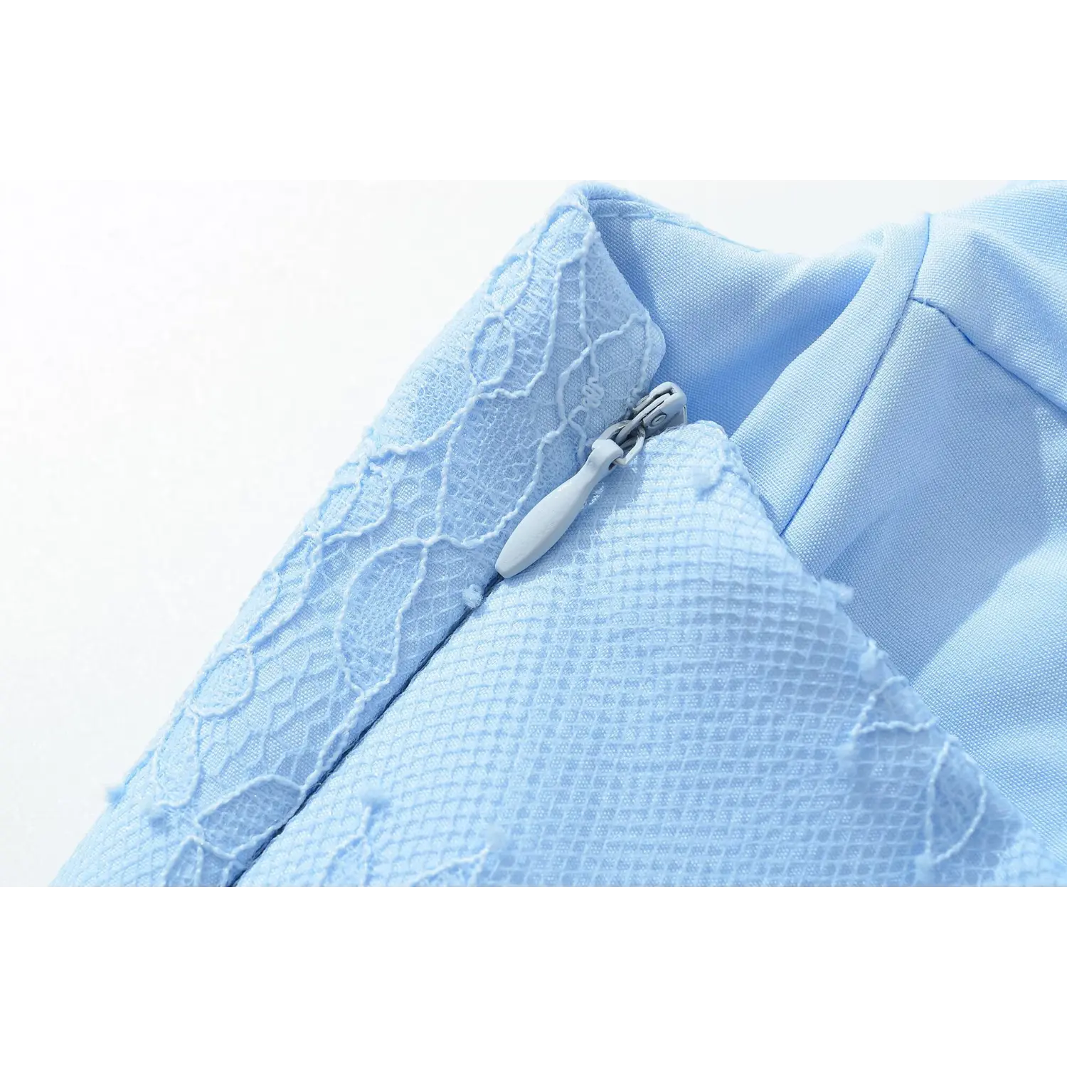 Macro close‑up side invisible zipper with floral lace overlay light blue halter maxi dress