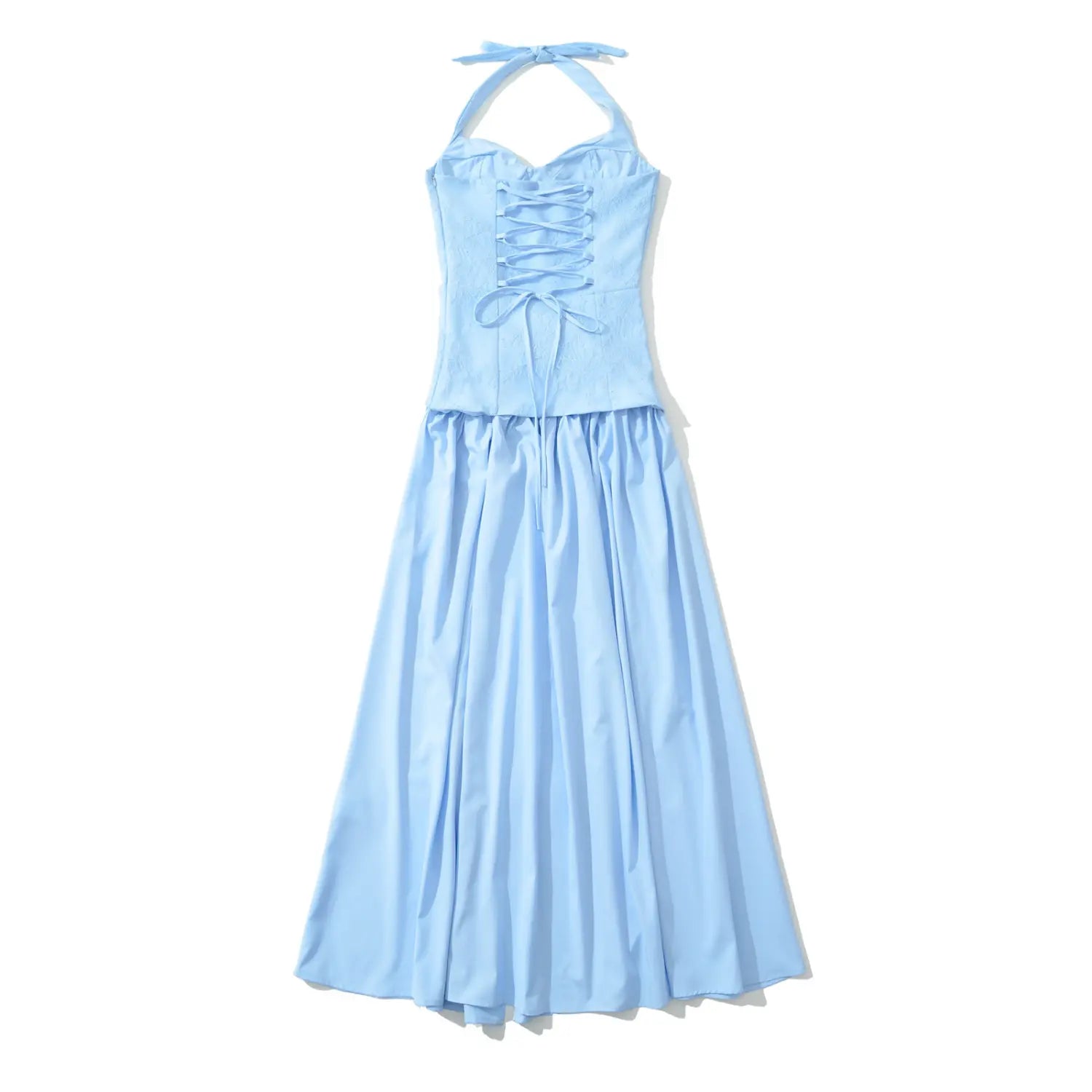 Flat lay back view light blue halter corset maxi dress with lace‑up tie back closure