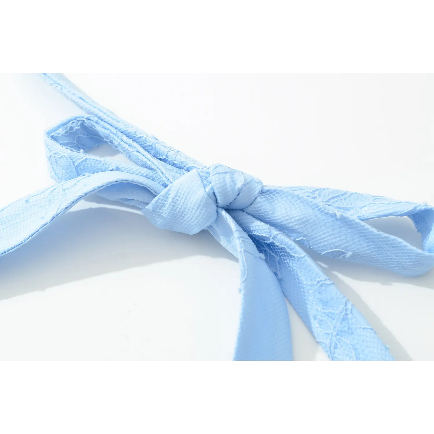 Extreme close‑up halter neck tie bow knot light blue lace corset maxi dress