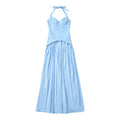 Flat lay front view light blue halter lace corset maxi dress with halter tie and voluminous long skirt