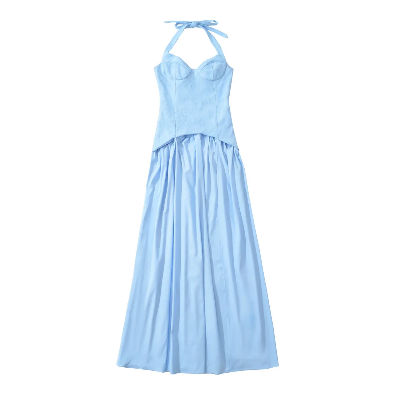 Flat lay front view light blue halter lace corset maxi dress with halter tie and voluminous long skirt