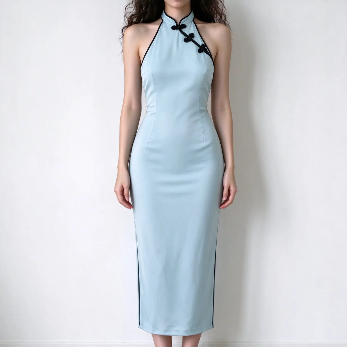 Model wearing light blue halter new chinese maxi dress, black trim, frog buttons, side slit, slim bodycon silhouette