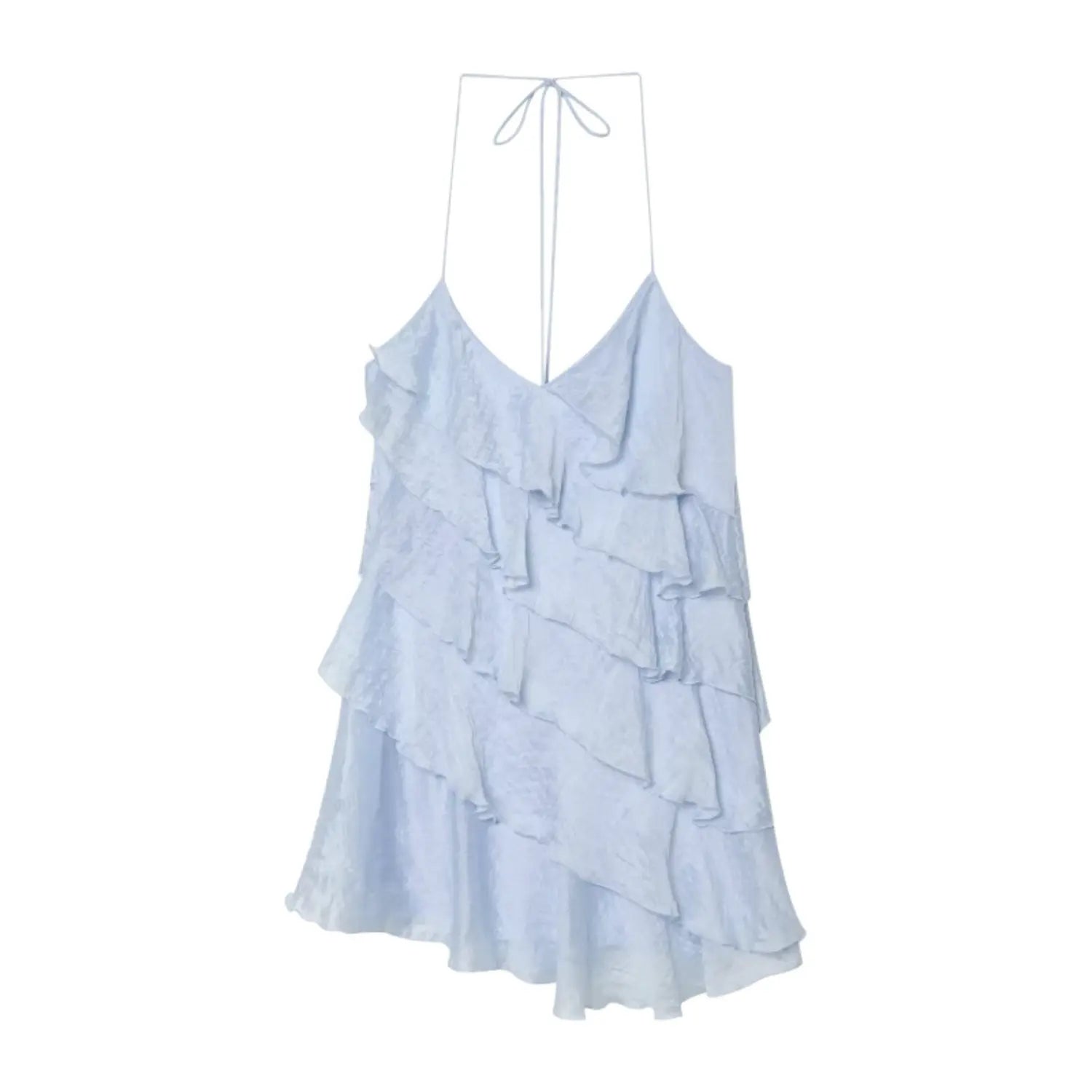 Studio white background full front shot of light blue halter spaghetti strap mini dress, deep v neck, irregular diagonal tiered ruffle skirt, crinkled subtle sheen fabric