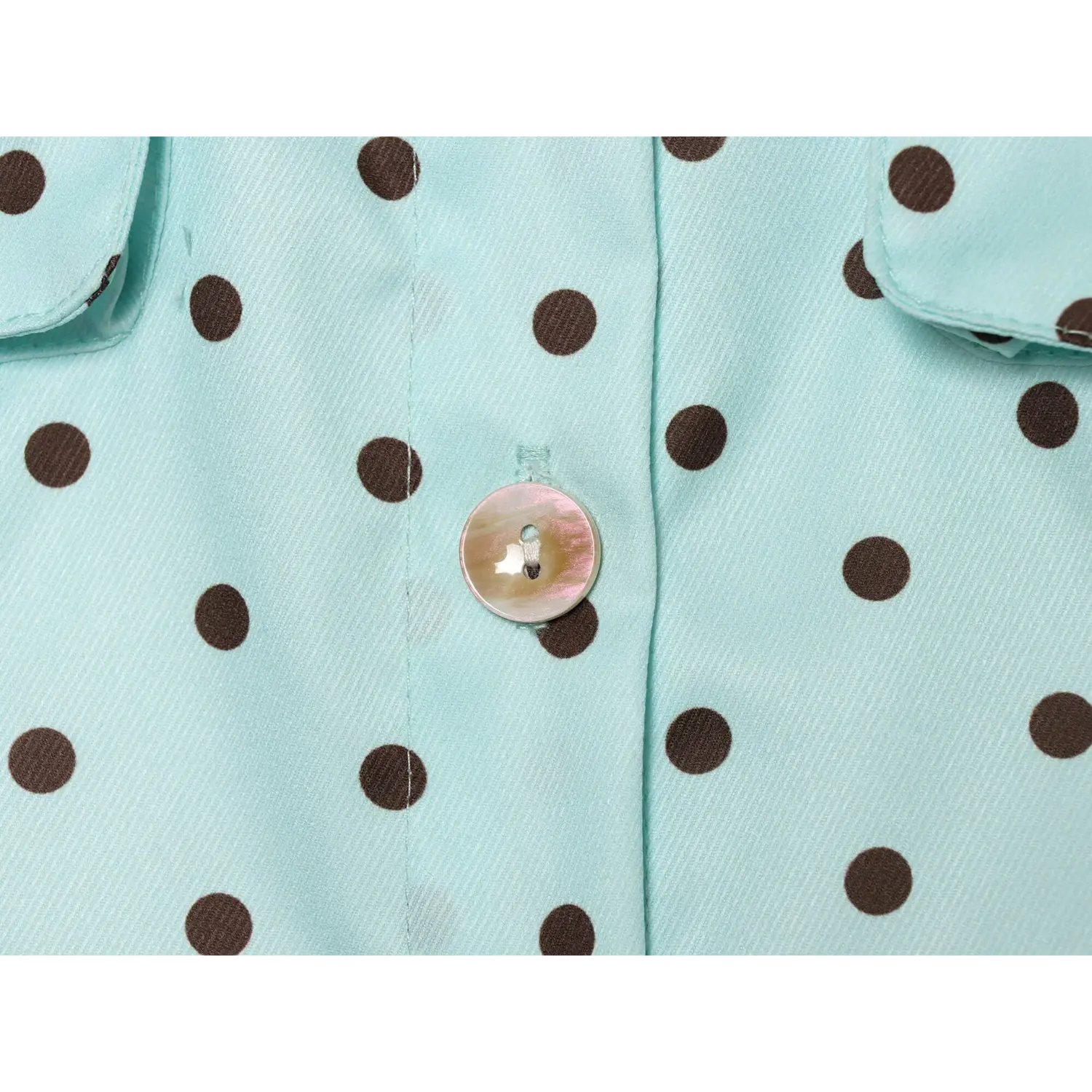 Closeup pearlescent natural shell button, round shape, light blue polka dot textile