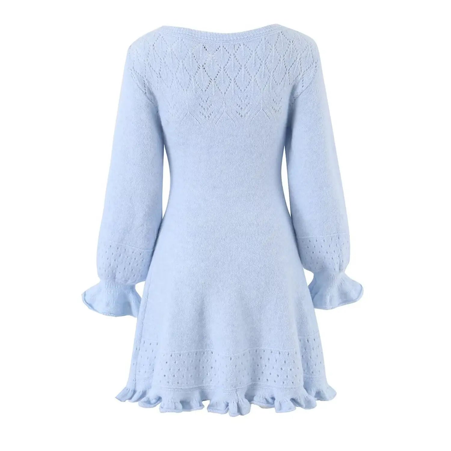 Back view of baby blue hollow knit mini dress with diamond lace pattern boat neck long ruffle cuff sleeves and flared ruffle hem