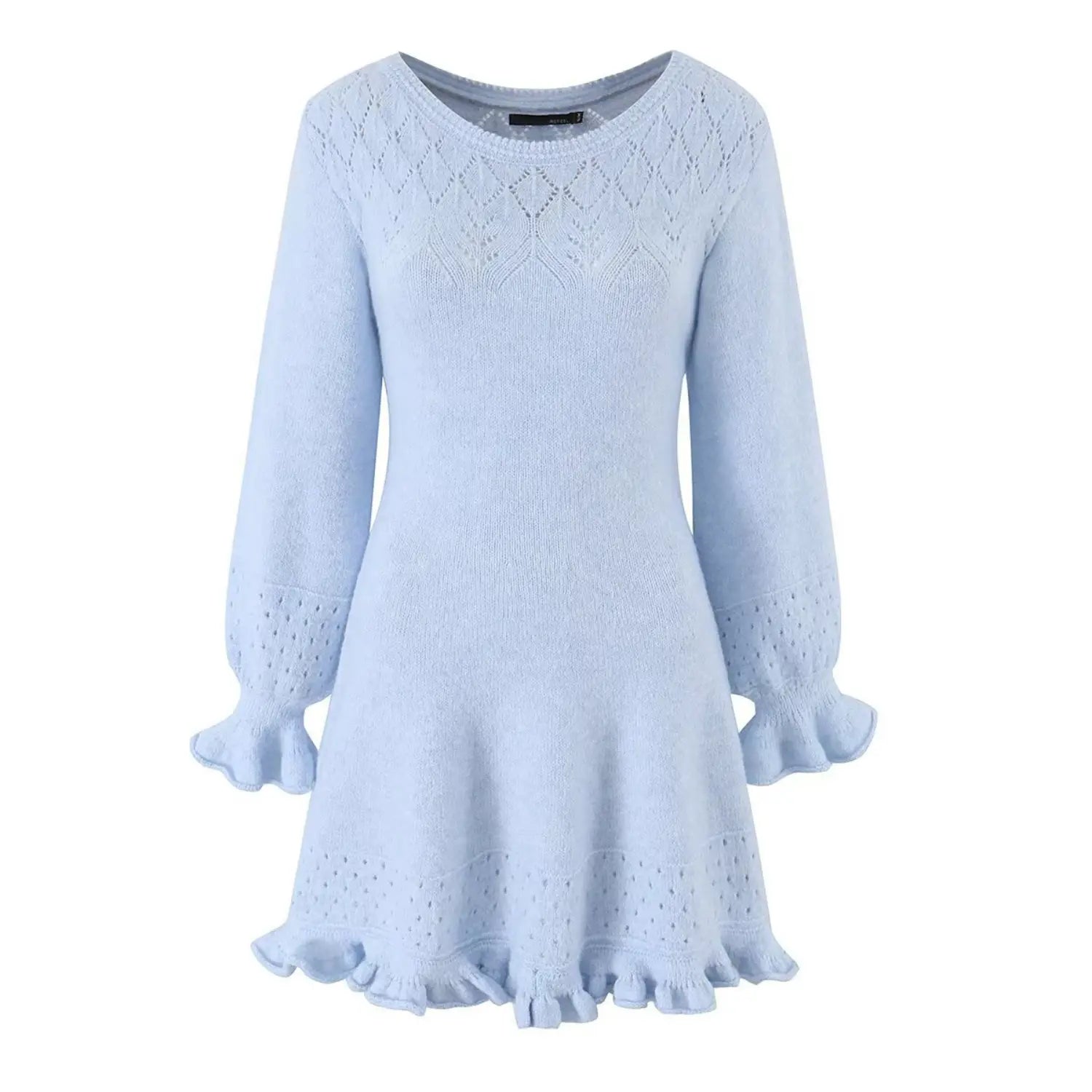 Front view shot of soft light blue hollow lace knit mini dress with boat neck puff ruffle sleeve and ruffle hem on plain white background