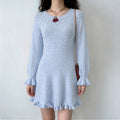 baby blue eyelet knit sweater dress round neck ruffle hem lantern sleeve slim fit mini dress female daily dating outfit