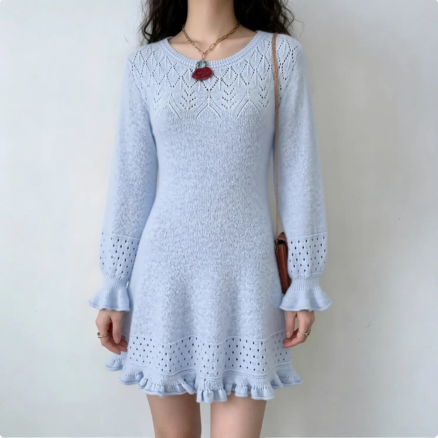 baby blue eyelet knit sweater dress round neck ruffle hem lantern sleeve slim fit mini dress female daily dating outfit