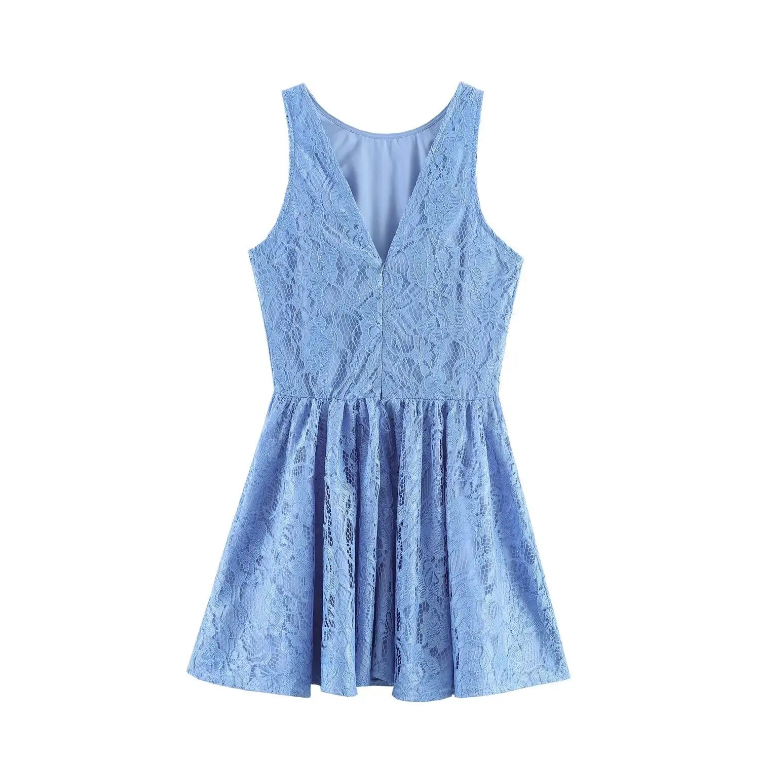 Back flat shot of light blue lace mini dress with deep V back and invisible zipper, sleeveless flare skirt