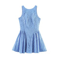 Light blue floral lace sleeveless mini dress front flat lay, round neck fit and flare short dress on white background