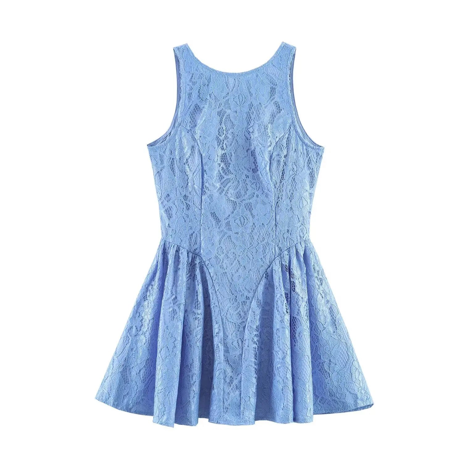 Light blue floral lace sleeveless mini dress front flat lay, round neck fit and flare short dress on white background