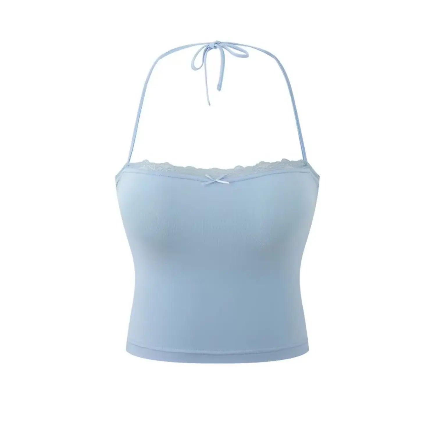 Studio front view light blue halter crop camisole with lace neckline and small front bow