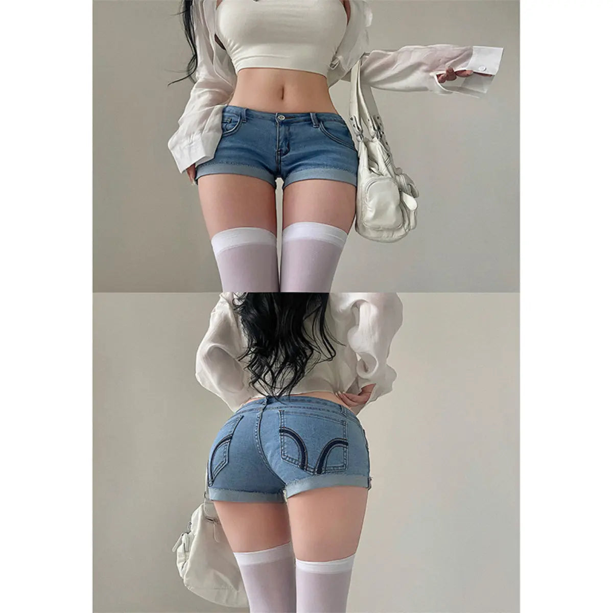 Collage of a woman wearing light blue low-rise denim shorts with rolled cuffs, styled with a white crop top, sheer shirt, and thigh-high socks.