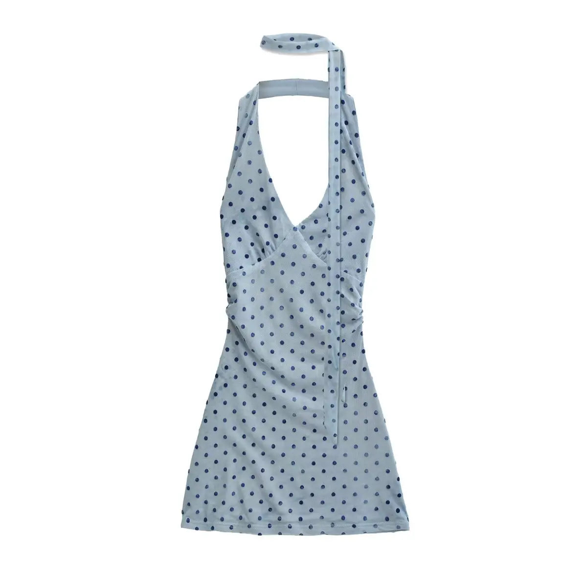 Full front view of the light blue halter dress with navy polka dots, featuring the matching scarf tie.