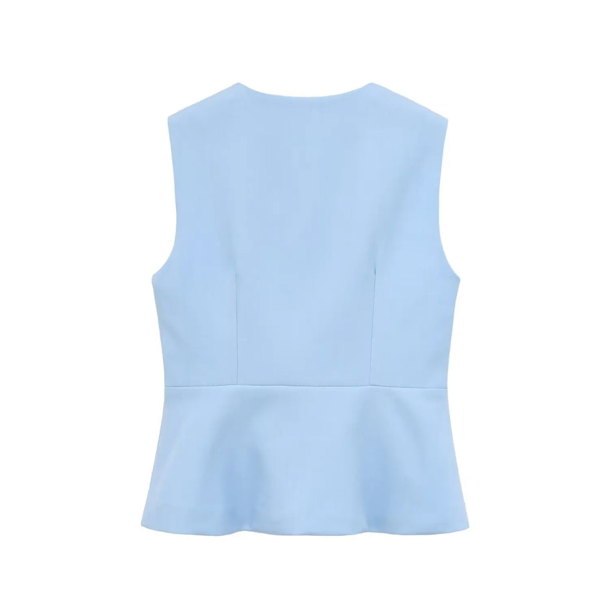 Light blue sleeveless peplum vest back view, tailored seams and flared peplum hem