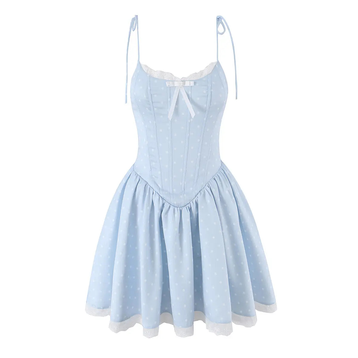 Studio product shot of a light blue polka dot corset-style mini dress with lace trim and tie straps.