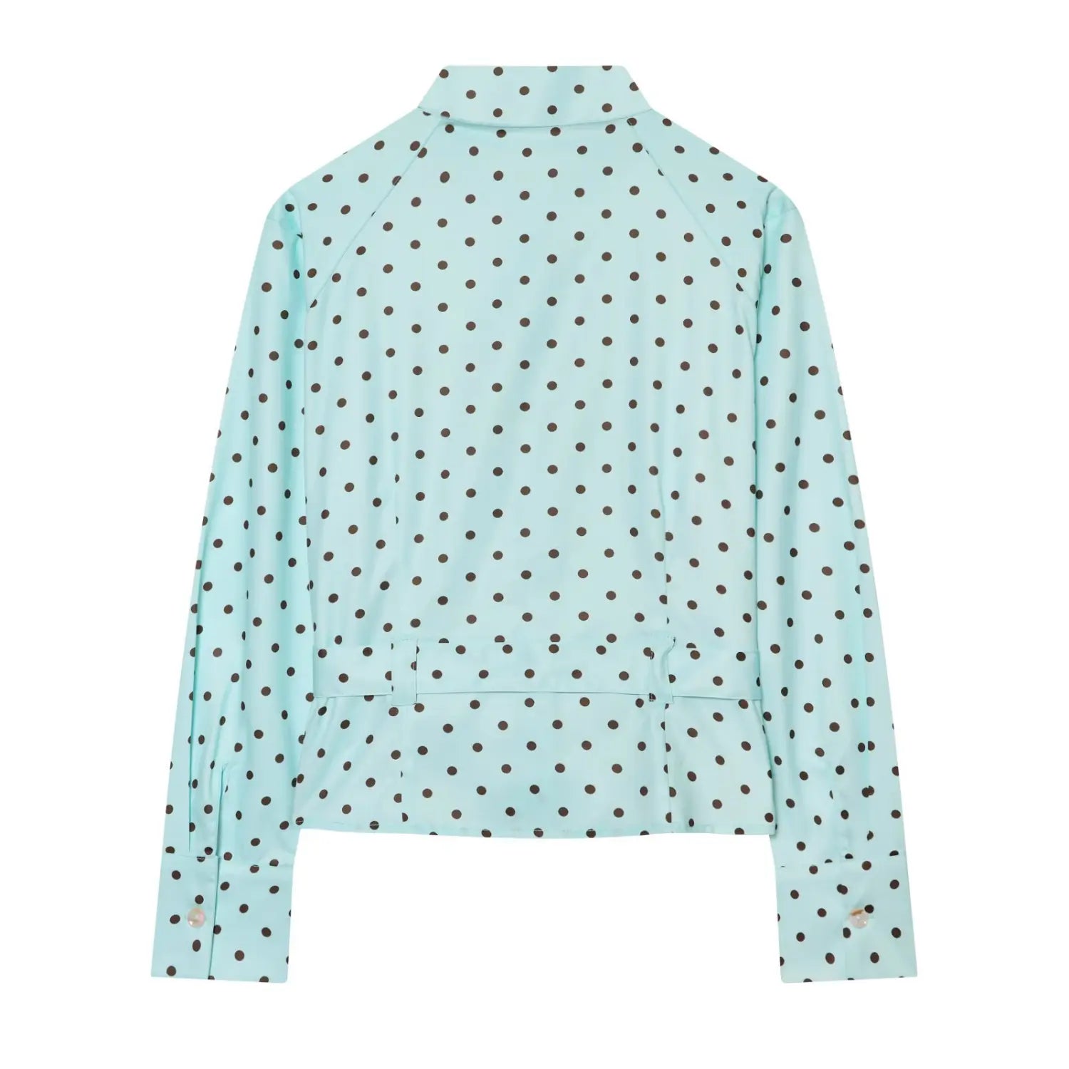 Back flat lay light blue polka dot blouse, raglan sleeve seams, back waist belt loops, long cuffs with single button closure
