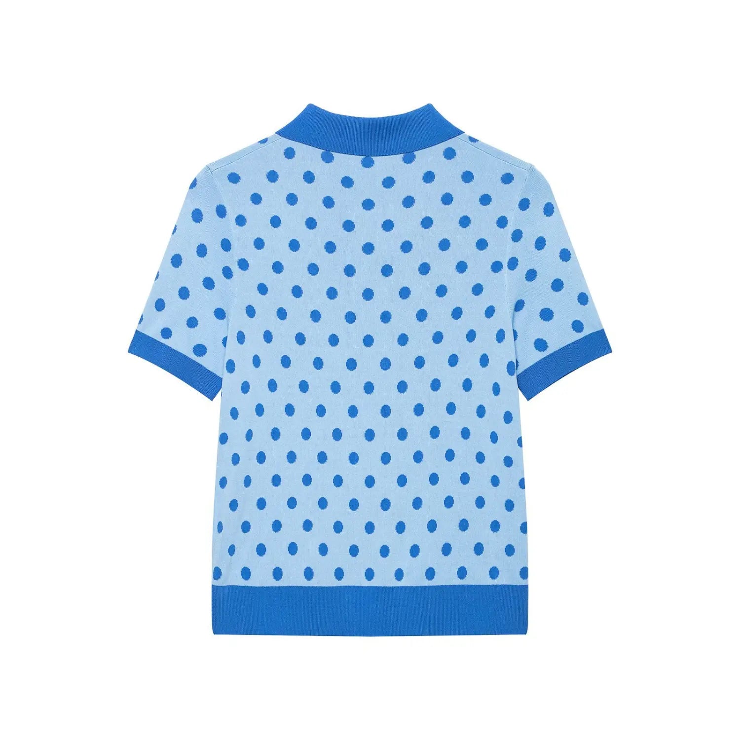  Full back view on white background of the light blue polka dot polo knit top