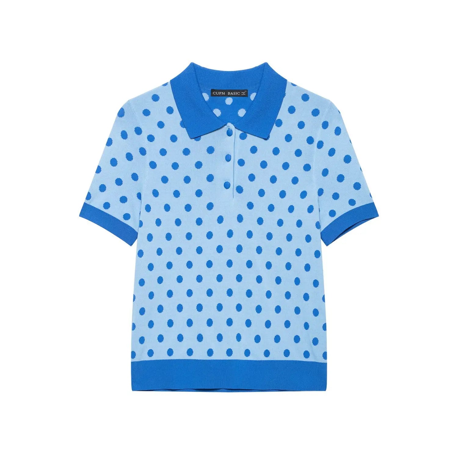 Full front view on white background of the light blue polka dot polo knit top with dark blue trim