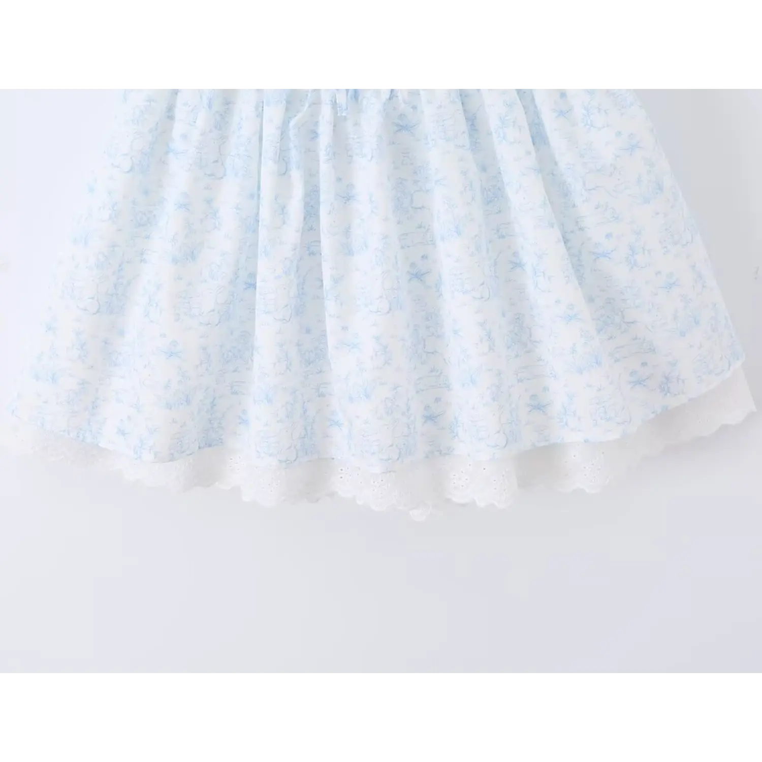 Wide shot full flared A-line mini skirt, all-over sketch rabbit & wildflower print, soft lightweight woven fabric, gathered waist ruffle seam