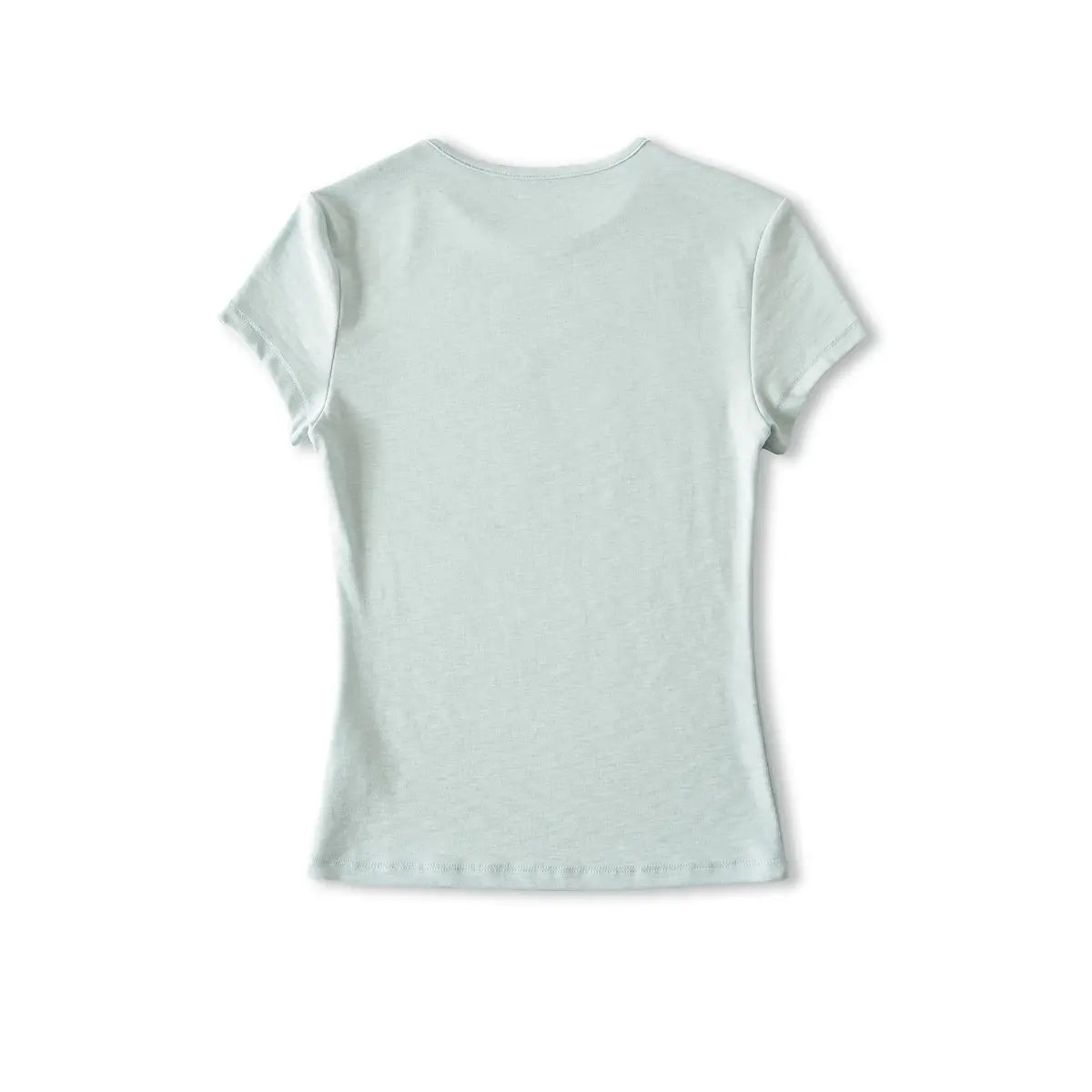 Full back view on white background of light blue form-fitting ribbed crew-neck short-sleeve t-shirt