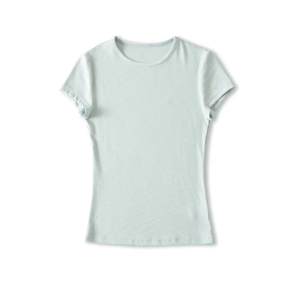 Full front view on white background of light blue form-fitting ribbed crew-neck short-sleeve t-shirt