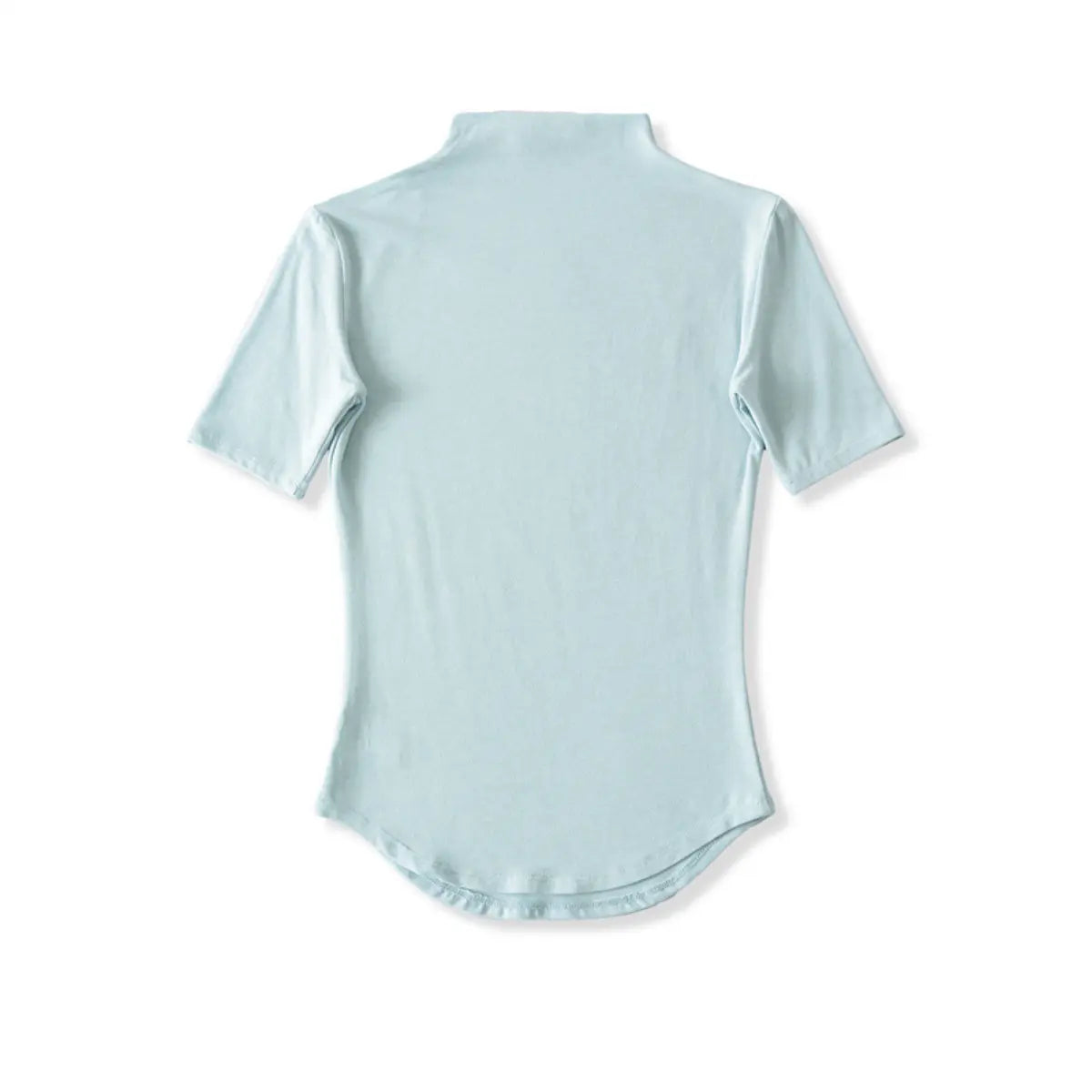 Full back view on white background of light blue form-fitting half-turtleneck short-sleeve top