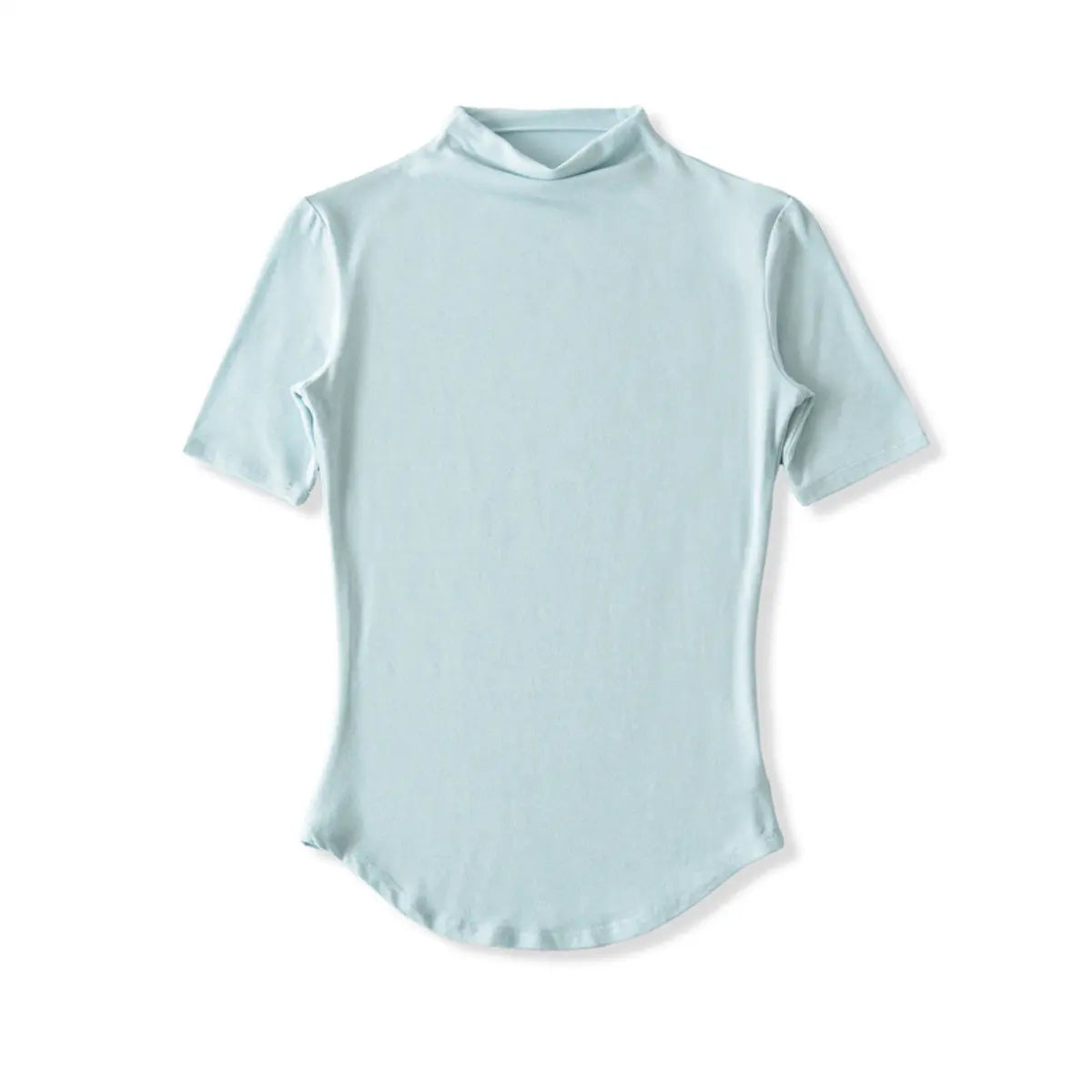 Full front view on white background of light blue form-fitting half-turtleneck short-sleeve top