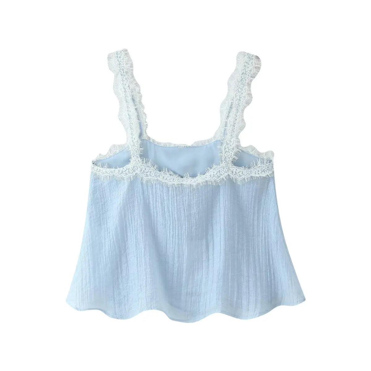 Rear shot of soft light blue cami top decorated with elegant floral lace accents.