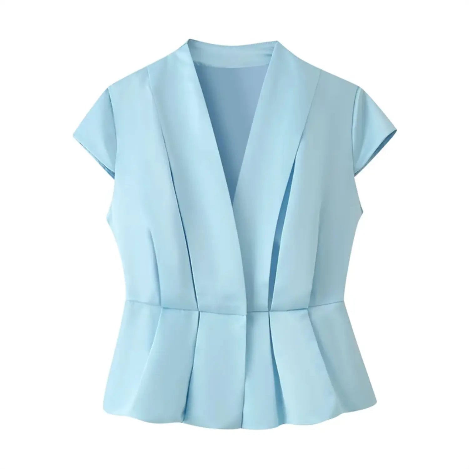 Full front flat lay blouse, light blue glossy satin fabric, wide lapel deep V neck, hidden snap placket, cap short sleeves, vertical waist pleats, flared peplum hem