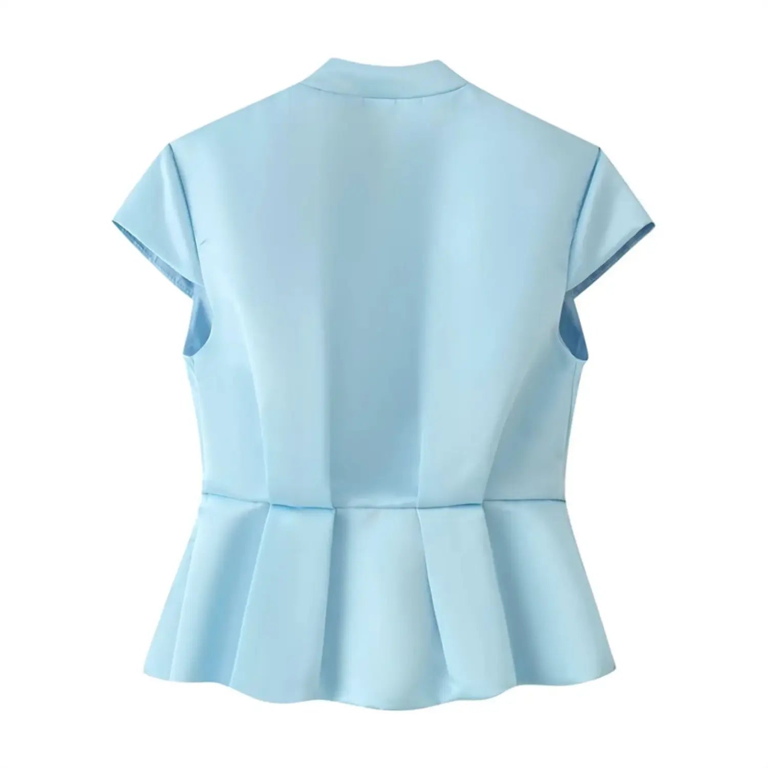 Full back flat view satin top, stand back collar, plain seamless rear panel, cap sleeve cut, tailored peplum ruffle bottom