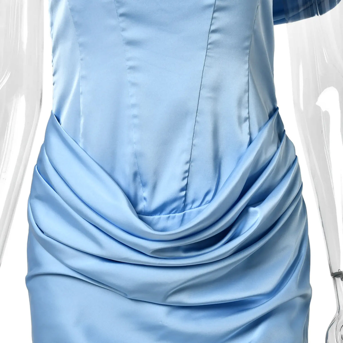 Front close‑up of draped ruched waist panel light blue satin off shoulder mini dress