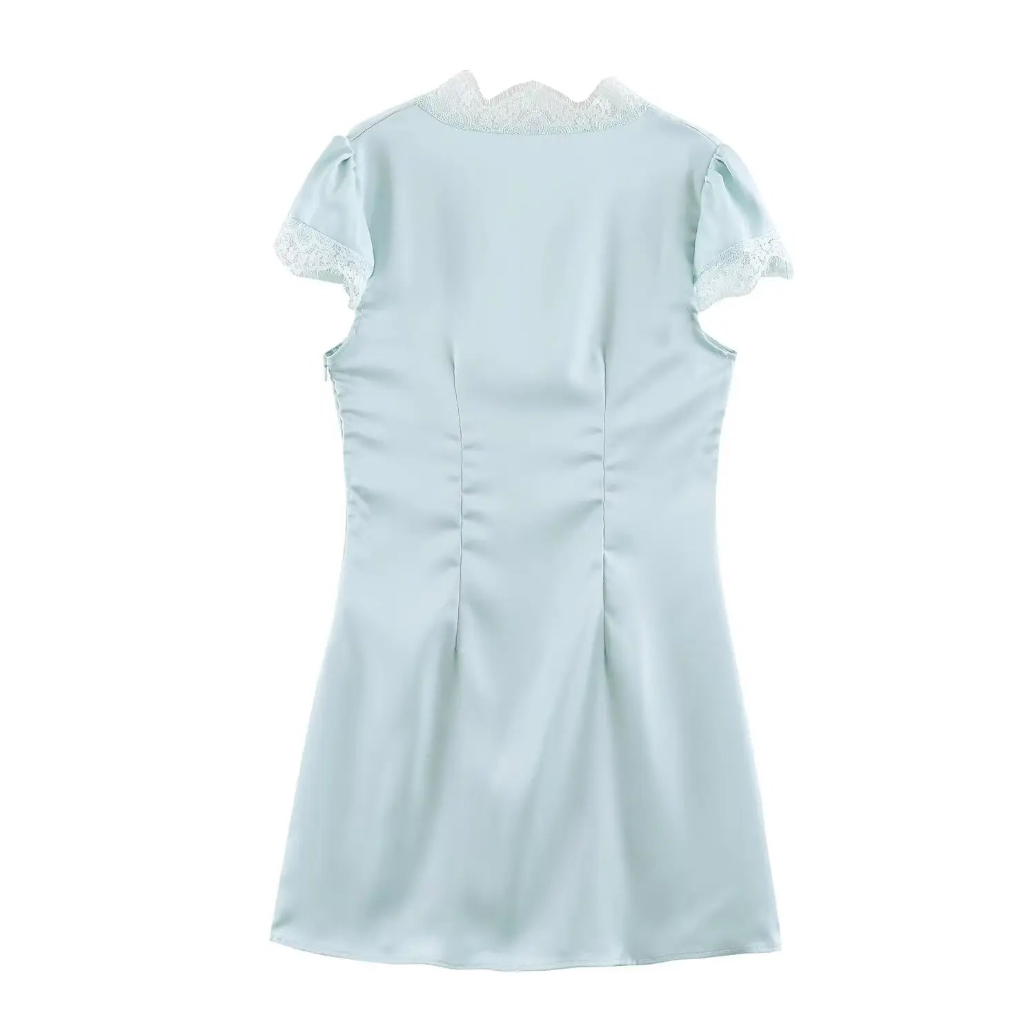 Light blue lace satin mini dress back view with invisible side zipper