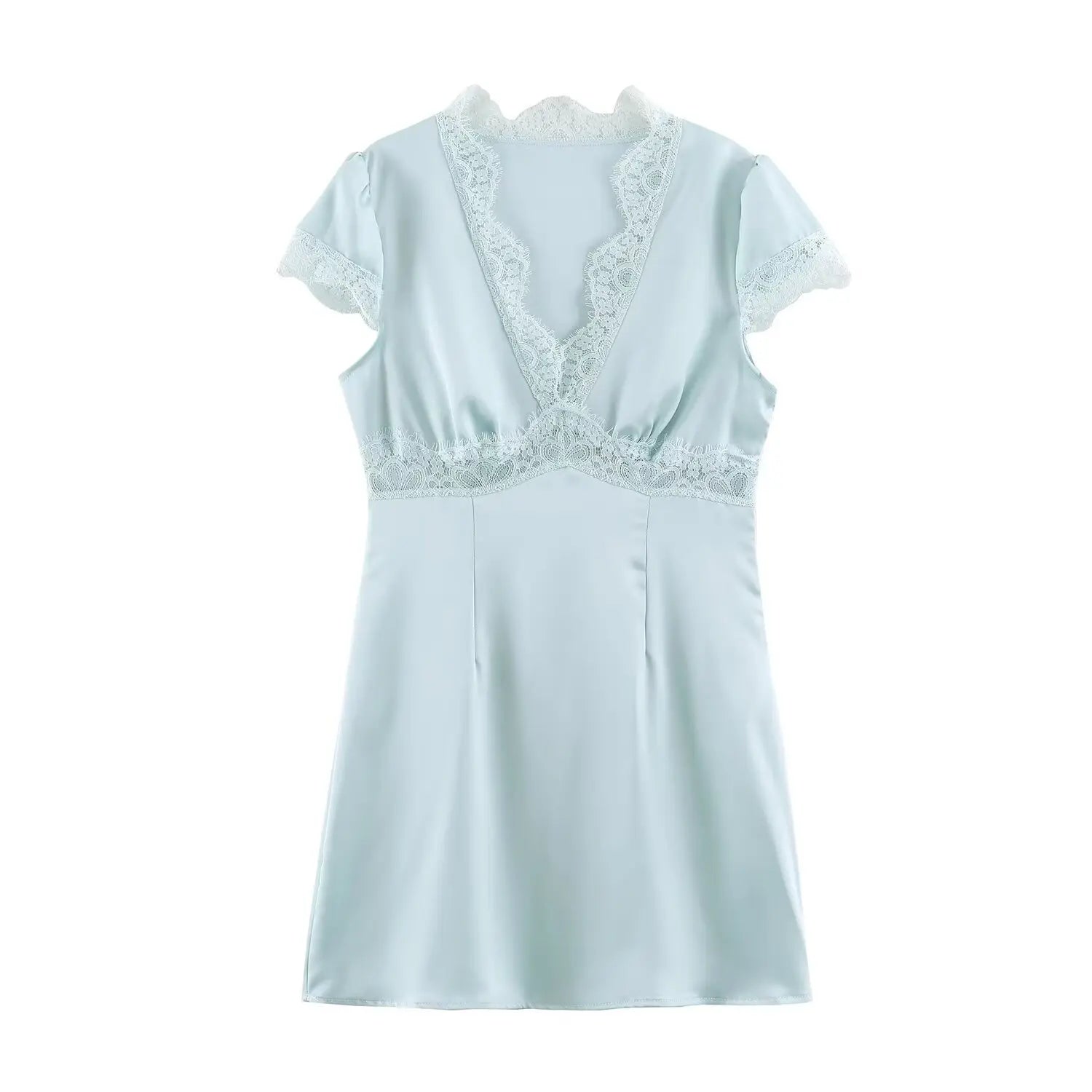 Light blue satin mini dress with white eyelash lace trim, v neck, puff short sleeves, front view