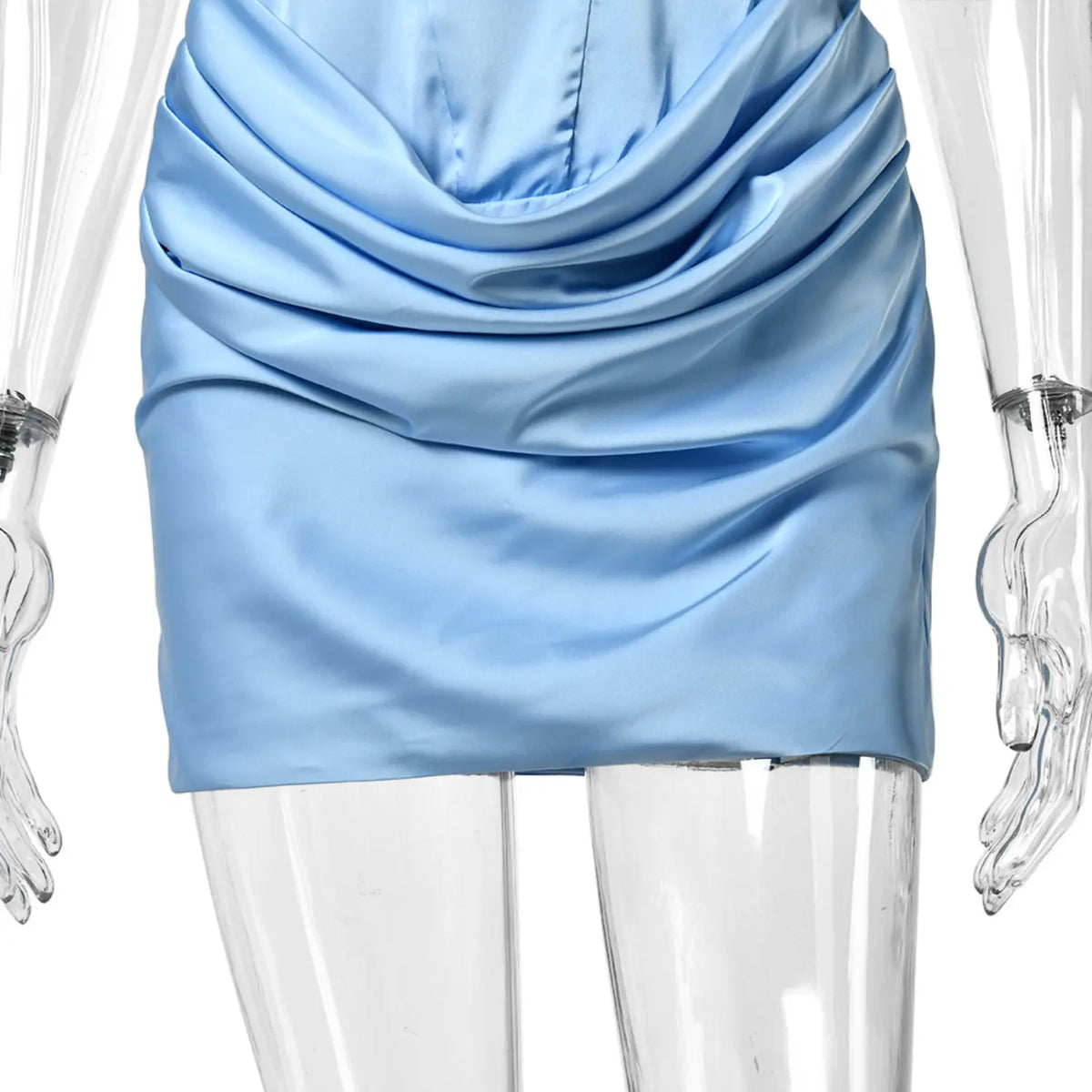 Close‑up of short skirt hem and lower ruched drape light blue satin mini dress