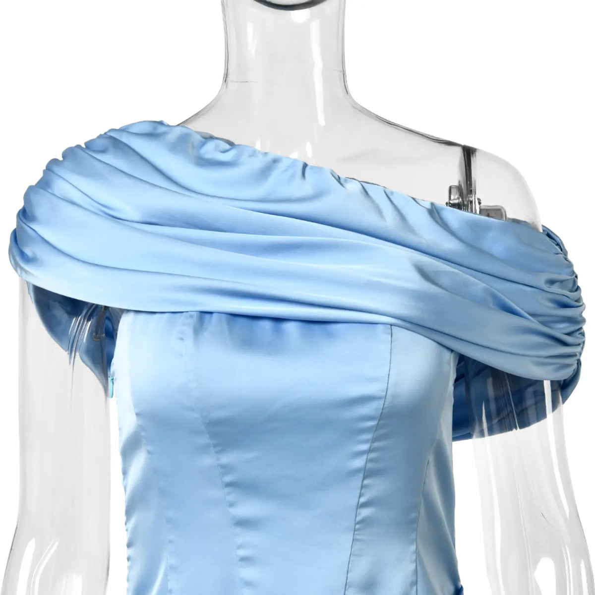 Close‑up of off‑shoulder draped folded collar for light blue satin mini dress