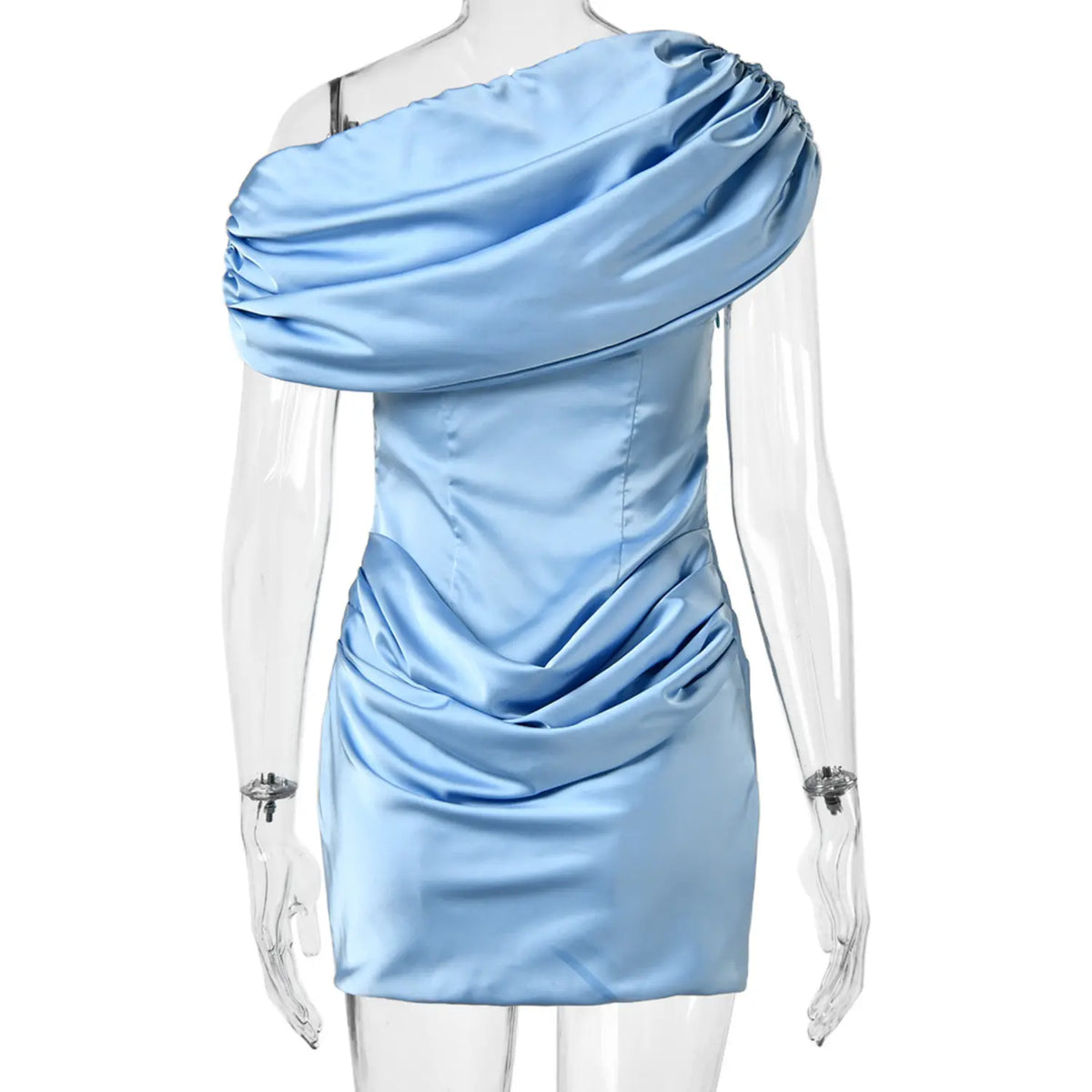 Mannequin back view light blue satin off‑the‑shoulder draped mini dress with ruched waist