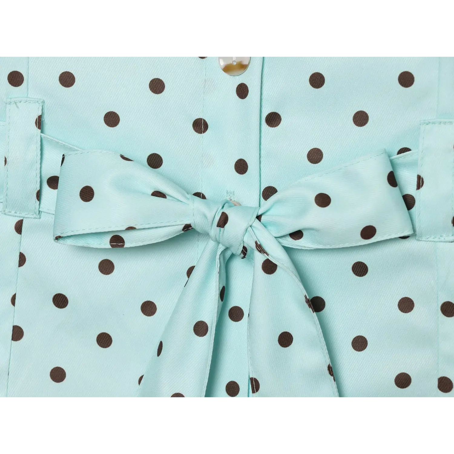 Detail adjustable matching fabric belt tied bow, fixed belt loops at side waist