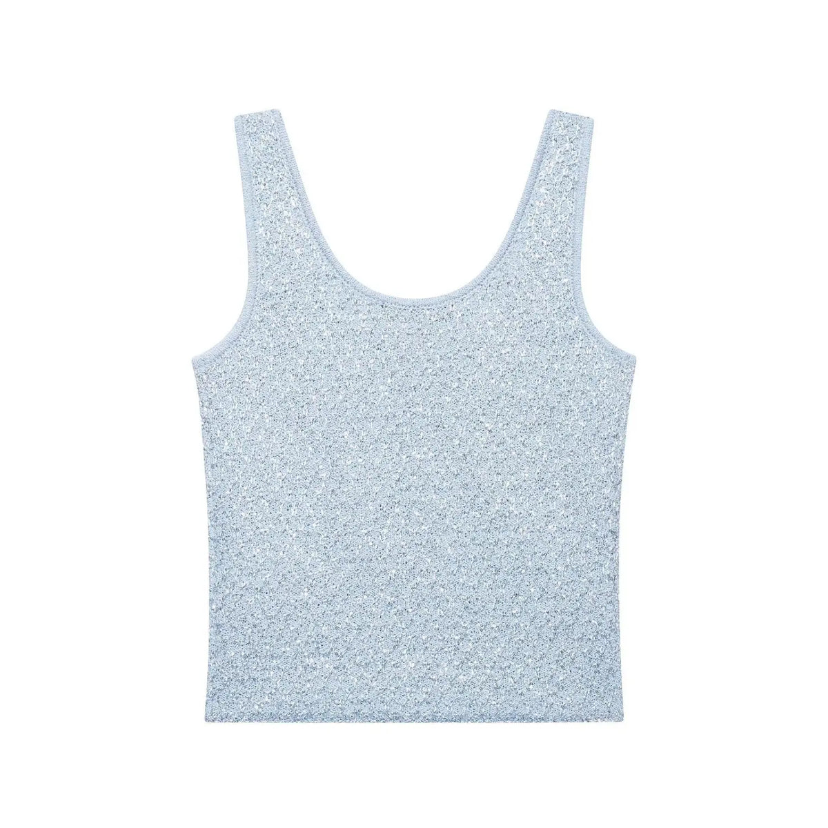 Light blue sequin knit tank top, back flat lay