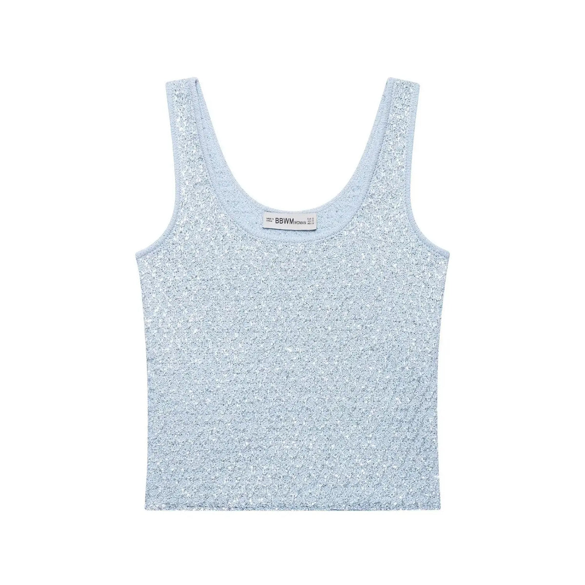 Light blue sequin knit tank top, front flat lay