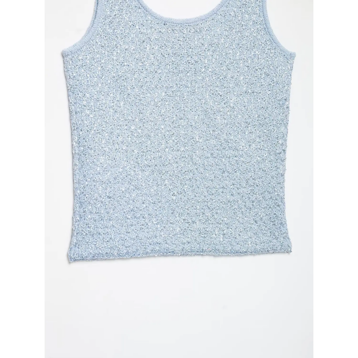 Light blue sequin knit tank top, full front flat lay
