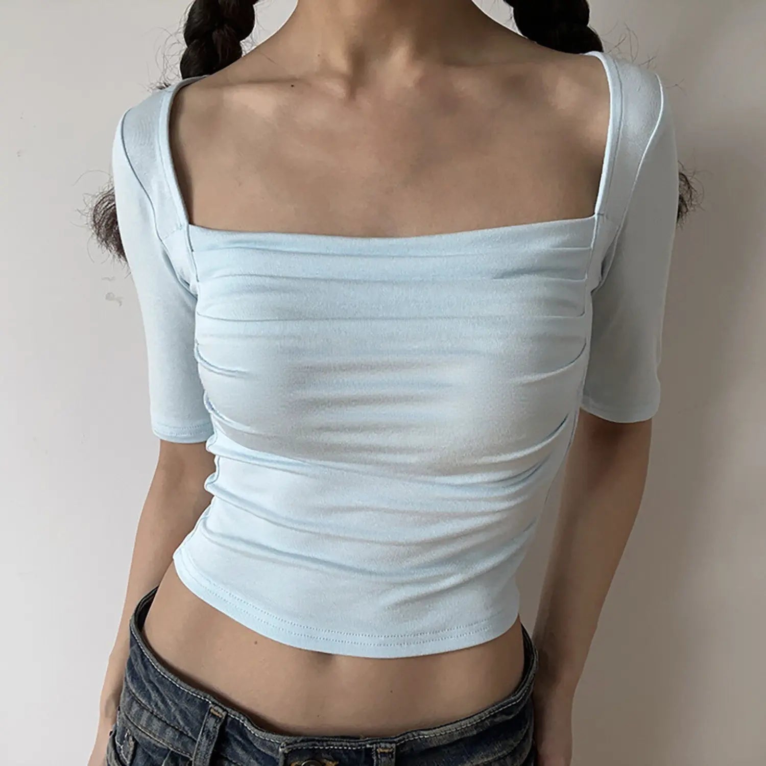 Light blue square neck fitted crop top, front ruched bust midi short sleeve stretch slim women casual tee