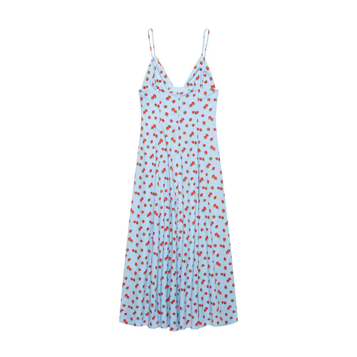 Full front white background V neck strawberry print sleeveless maxi dress