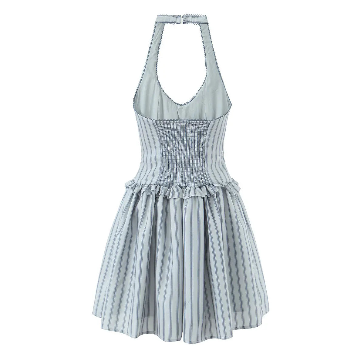 Back view of the light blue striped halter dress, showing the smocked elastic back panel, gathered waist ruffle, and flared skirt.
